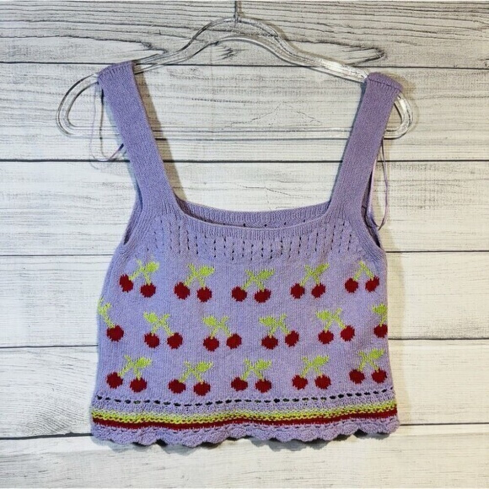 NEW Zara Womens Sweater Crop Cami Tank Top S Purple With Cherries SIZE M